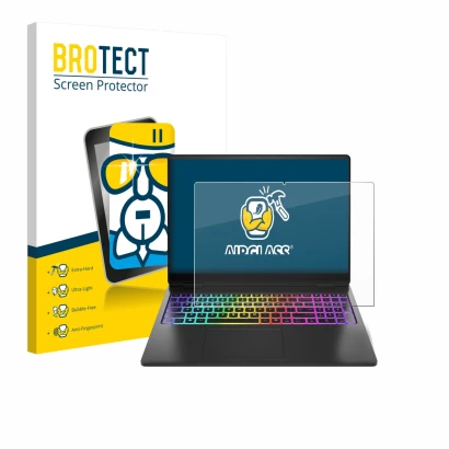 Face avant d’un emballage produit avec le logo de la marque BROTECT. À côté, l’appareil HP Omen Max 16 est représenté avec la