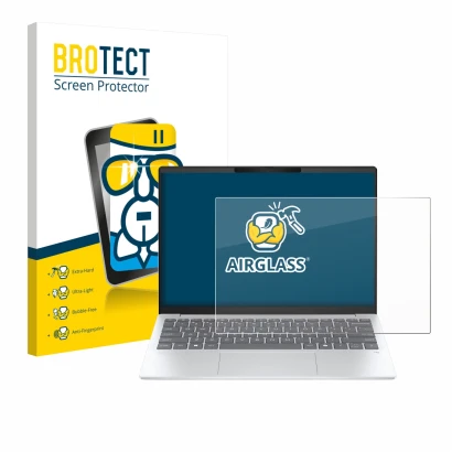 Face avant d’un emballage produit avec le logo de la marque BROTECT. À côté, l’appareil HP OmniBook 7 Aero 13 est représenté a