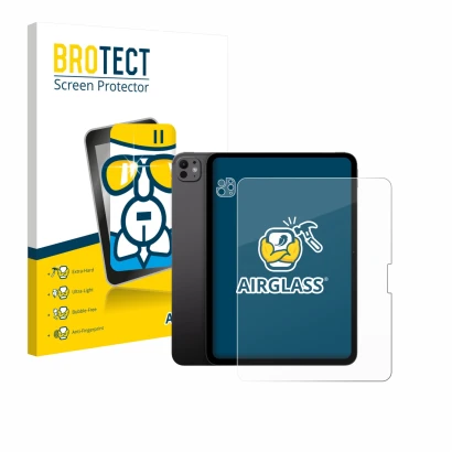 Face avant d’un emballage produit avec le logo de la marque BROTECT. À côté, l’appareil Apple iPad Pro 13" 2024 (Avant+Caméra)