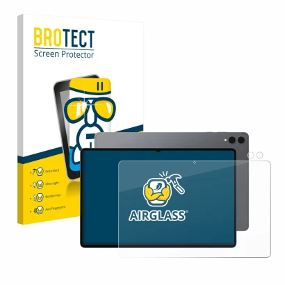 Face avant d’un emballage produit avec le logo de la marque BROTECT. À côté, l’appareil Samsung Galaxy Tab S11 Ultra (Avant+Ca