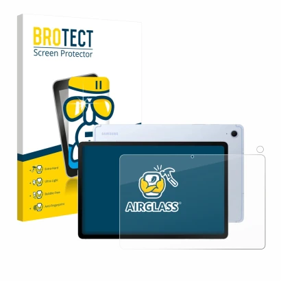 Face avant d’un emballage produit avec le logo de la marque BROTECT. À côté, l’appareil Samsung Galaxy Tab S10 FE (Avant+Camér