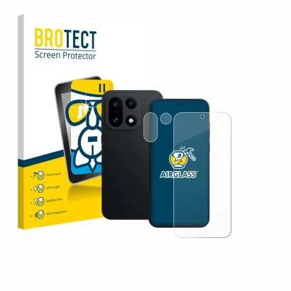 Face avant d’un emballage produit avec le logo de la marque BROTECT. À côté, l’appareil OnePlus 15 (Avant+Caméra) est représen