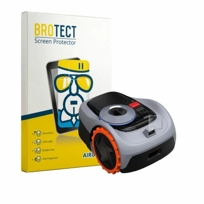 Face avant d’un emballage produit avec le logo de la marque BROTECT. À côté, l’appareil Navimow i105E+ est représenté avec la