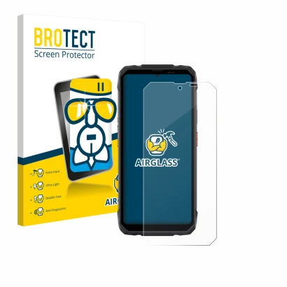 Face avant d’un emballage produit avec le logo de la marque BROTECT. À côté, l’appareil Blackview Rock 1 est représenté avec l