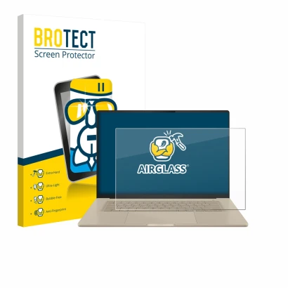 Face avant d’un emballage produit avec le logo de la marque BROTECT. À côté, l’appareil ASUS ZenBook A16 UX3607 est représenté