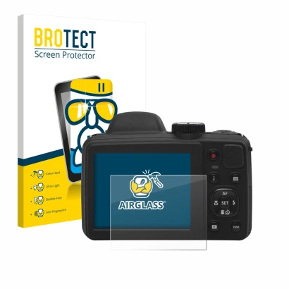 Face avant d’un emballage produit avec le logo de la marque BROTECT. À côté, l’appareil Kodak Pixpro AZ405 est représenté avec