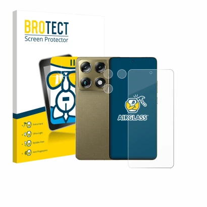 Face avant d’un emballage produit avec le logo de la marque BROTECT. À côté, l’appareil Motorola Signature (Avant+Caméra) est 