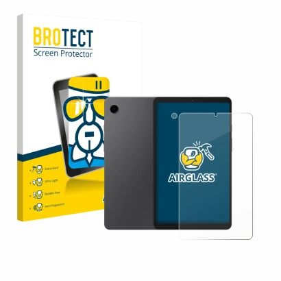 Face avant d’un emballage produit avec le logo de la marque BROTECT. À côté, l’appareil Samsung Galaxy Tab A9 (Avant+Caméra) e