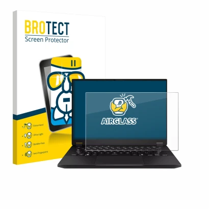 Face avant d’un emballage produit avec le logo de la marque BROTECT. À côté, l’appareil ASUS TUF Gaming A14 est représenté ave