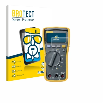 Face avant d’un emballage produit avec le logo de la marque BROTECT. À côté, l’appareil Fluke MultiMeter 115 est représenté av
