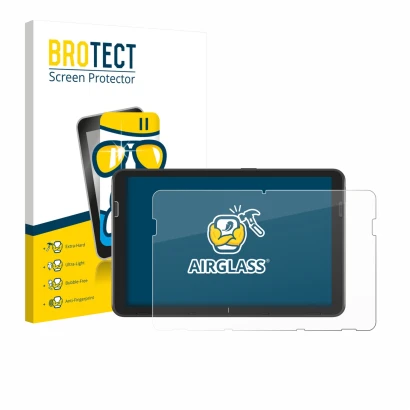 Face avant d’un emballage produit avec le logo de la marque BROTECT. À côté, l’appareil Zebra ET401 10.1" est représenté avec 