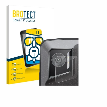 Face avant d’un emballage produit avec le logo de la marque BROTECT. À côté, l’appareil Crosscall Stellar M6E (Caméra UNIQUEME