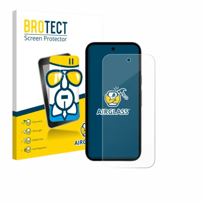 Face avant d’un emballage produit avec le logo de la marque BROTECT. À côté, l’appareil Google Pixel 10a est représenté avec l