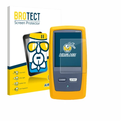 Face avant d’un emballage produit avec le logo de la marque BROTECT. À côté, l’appareil Fluke DSX8000 est représenté avec la p