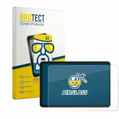 Face avant d’un emballage produit avec le logo de la marque BROTECT. À côté, l’appareil Tecno MEGAPAD 2 est représenté avec la