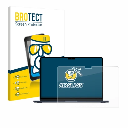Face avant d’un emballage produit avec le logo de la marque BROTECT. À côté, l’appareil Apple MacBook Air 13" M5 2026 est repr