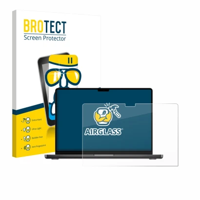 Face avant d’un emballage produit avec le logo de la marque BROTECT. À côté, l’appareil Apple MacBook Pro 16" M5 2026 est repr