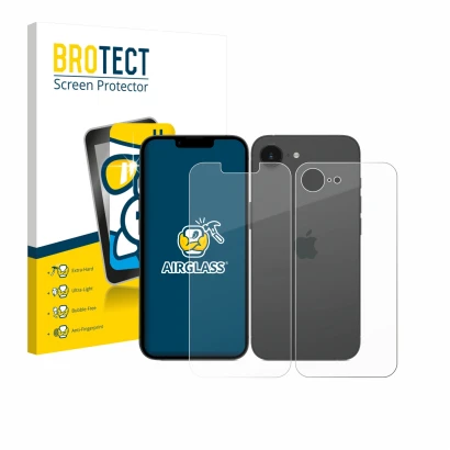 Face avant d’un emballage produit avec le logo de la marque BROTECT. À côté, l’appareil Apple iPhone 17e (Avant+Arrière) est r