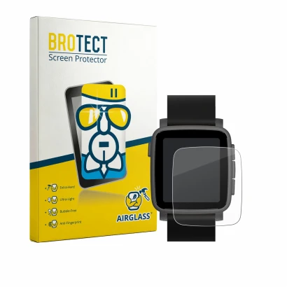 Face avant d’un emballage produit avec le logo de la marque BROTECT. À côté, l’appareil Pebble Time 2 2026 est représenté avec