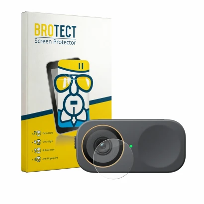 Face avant d’un emballage produit avec le logo de la marque BROTECT. À côté, l’appareil Insta360 Link 2C Pro (Lentille) est re