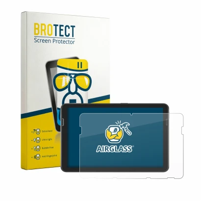 Face avant d’un emballage produit avec le logo de la marque BROTECT. À côté, l’appareil Zebra ET401 8" est représenté avec la