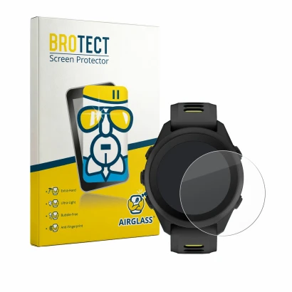 Face avant d’un emballage produit avec le logo de la marque BROTECT. À côté, l’appareil Garmin Forerunner 170 est représenté a