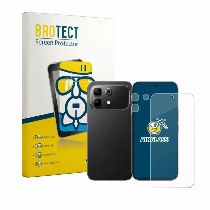Face avant d’un emballage produit avec le logo de la marque BROTECT. À côté, l’appareil Infinix Note 60 (Avant+Caméra) est rep