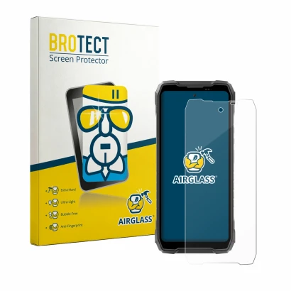 Face avant d’un emballage produit avec le logo de la marque BROTECT. À côté, l’appareil Blackview Rock 5 est représenté avec l