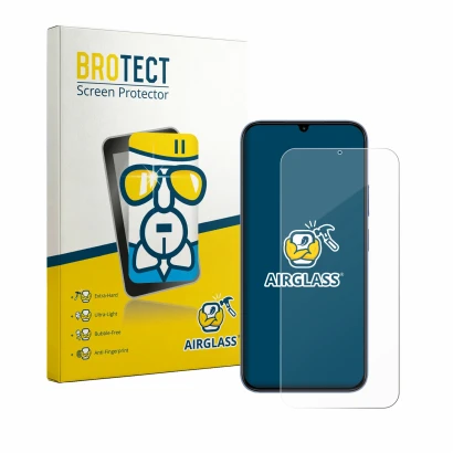 Face avant d’un emballage produit avec le logo de la marque BROTECT. À côté, l’appareil realme C100x est représenté avec la pr