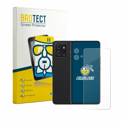 Face avant d’un emballage produit avec le logo de la marque BROTECT. À côté, l’appareil Motorola ThinkPhone (Avant+Caméra) est