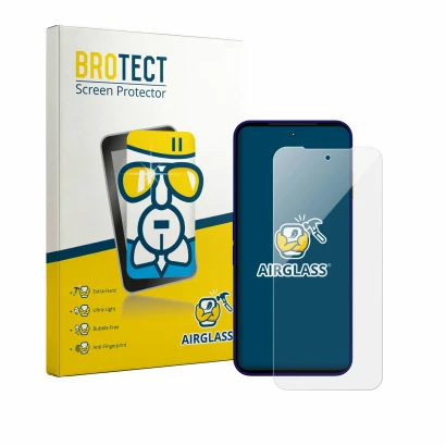 Face avant d’un emballage produit avec le logo de la marque BROTECT. À côté, l’appareil Fairphone 6 Plus est représenté avec l