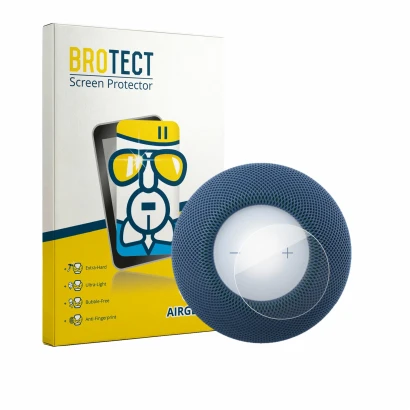 Face avant d’un emballage produit avec le logo de la marque BROTECT. À côté, l’appareil Apple HomePod mini 2 est représenté av