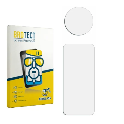 Face avant d’un emballage produit avec le logo de la marque BROTECT. À côté se trouve la protection d’écran correspondante.