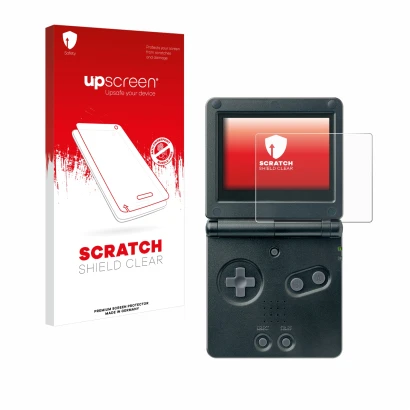 Face avant d’un emballage produit avec le logo de la marque upscreen. À côté, l’appareil Nintendo Gameboy Advance GBA SP est r