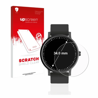 Face avant d’un emballage produit avec le logo de la marque upscreen. À côté, l’appareil Montres (Circulaire, ø: 34 mm) est re