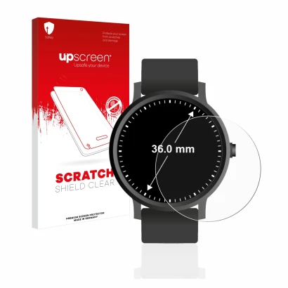 Face avant d’un emballage produit avec le logo de la marque upscreen. À côté, l’appareil Montres (Circulaire, ø: 36 mm) est re