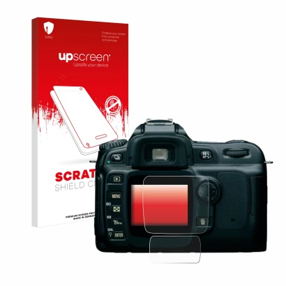 Face avant d’un emballage produit avec le logo de la marque upscreen. À côté, l’appareil Nikon D50 est représenté avec la prot