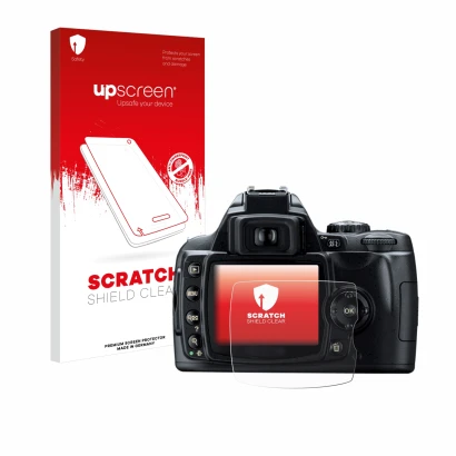 Face avant d’un emballage produit avec le logo de la marque upscreen. À côté, l’appareil Nikon D40 est représenté avec la prot