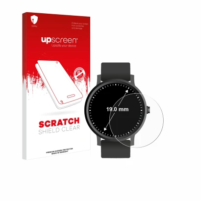 Face avant d’un emballage produit avec le logo de la marque upscreen. À côté, l’appareil Montres (Circulaire, ø: 19 mm) est re