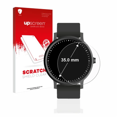 Face avant d’un emballage produit avec le logo de la marque upscreen. À côté, l’appareil Montres (Circulaire, ø: 35 mm) est re