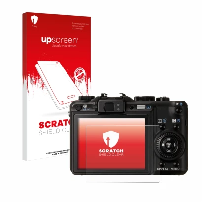 Face avant d’un emballage produit avec le logo de la marque upscreen. À côté, l’appareil Canon PowerShot G9 est représenté ave