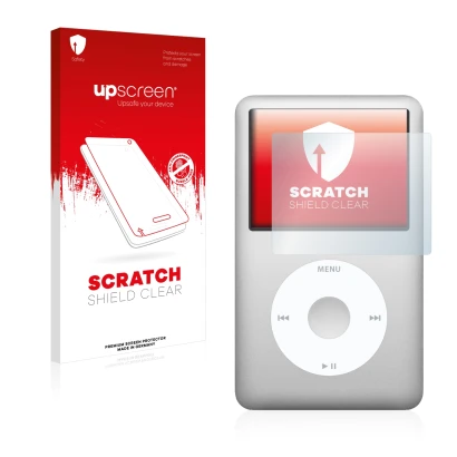 Face avant d’un emballage produit avec le logo de la marque upscreen. À côté, l’appareil Apple iPod Classic (6ème Gen.) est re