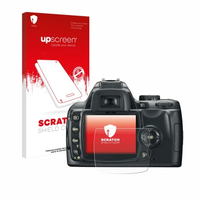 Face avant d’un emballage produit avec le logo de la marque upscreen. À côté, l’appareil Nikon D60 est représenté avec la prot