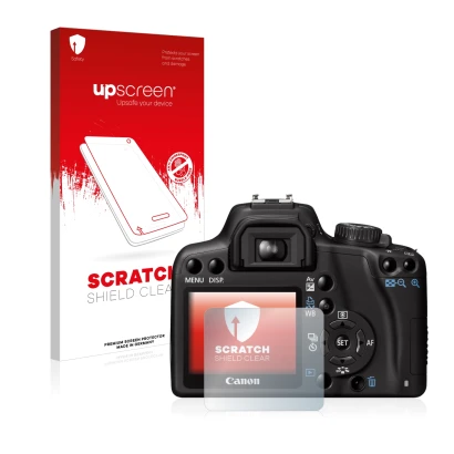 Face avant d’un emballage produit avec le logo de la marque upscreen. À côté, l’appareil Canon EOS 1000D est représenté avec l