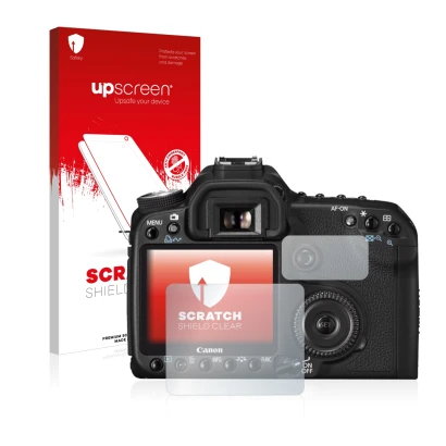 Face avant d’un emballage produit avec le logo de la marque upscreen. À côté, l’appareil Canon EOS 50D est représenté avec la