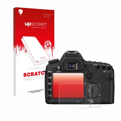 Face avant d’un emballage produit avec le logo de la marque upscreen. À côté, l’appareil Canon EOS 5D Mark II est représenté a
