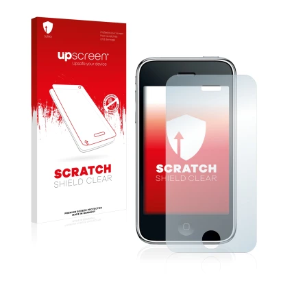 Face avant d’un emballage produit avec le logo de la marque upscreen. À côté, l’appareil Apple iPhone 3GS est représenté avec