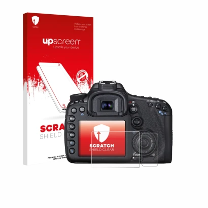 Face avant d’un emballage produit avec le logo de la marque upscreen. À côté, l’appareil Canon EOS 7D est représenté avec la p
