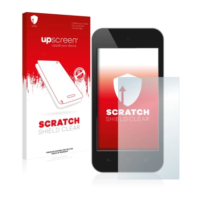Face avant d’un emballage produit avec le logo de la marque upscreen. À côté, l’appareil est représenté avec la protection d’é