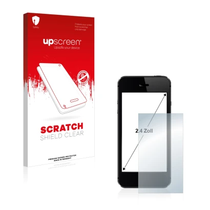 Face avant d’un emballage produit avec le logo de la marque upscreen. À côté, l’appareil est représenté avec la protection d’é